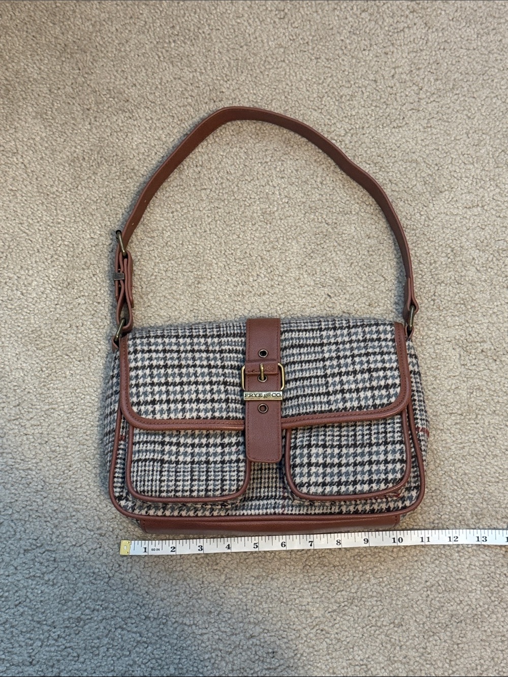 Frye & Co Brown Houndstooth Maise Shoulder Bag with Leather Trim